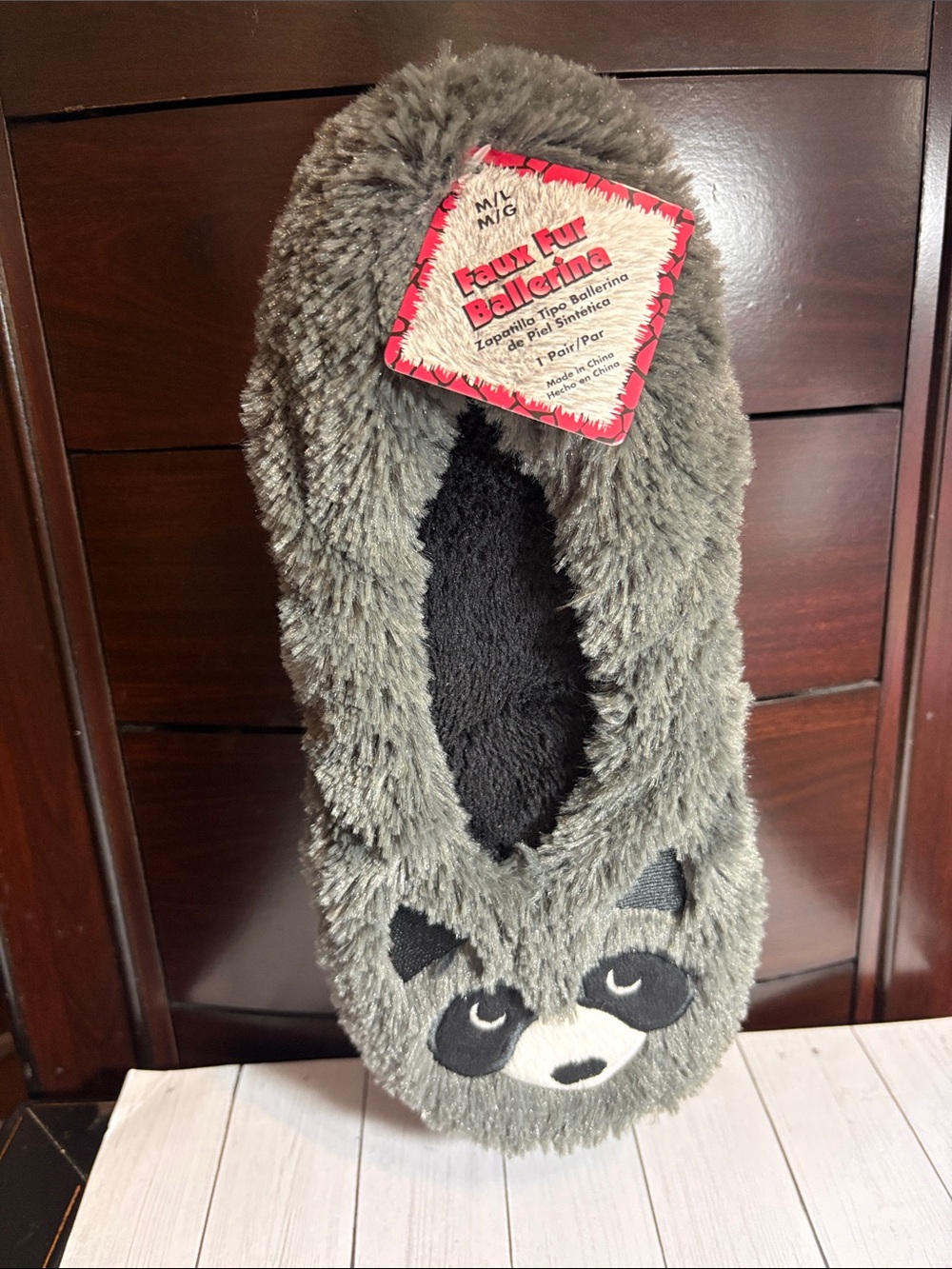 Raccoon Faux Fur Ballerina Women’s Slippers- Gray
